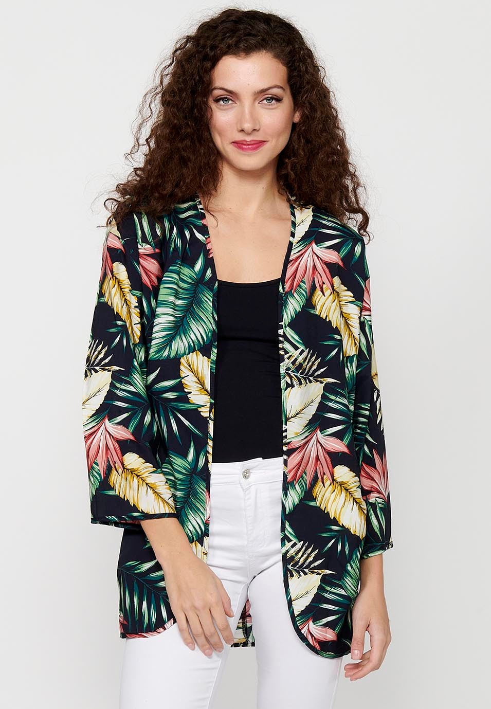 Multicolor Tropical Print Long Sleeve Flowy Open Blouse for Women