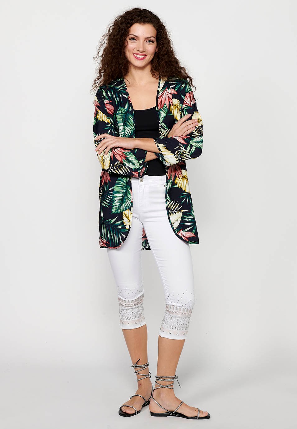 Multicolor Tropical Print Long Sleeve Flowy Open Blouse for Women 2