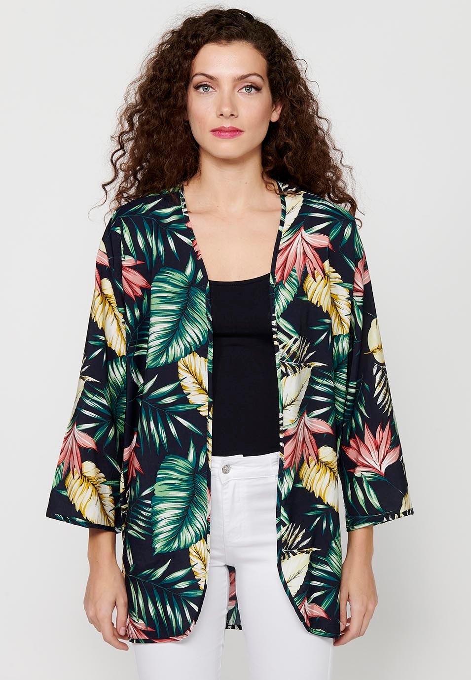 Blusa abierta fluida de manga larga con Estampado tropical de Color Multicolor para Mujer 1