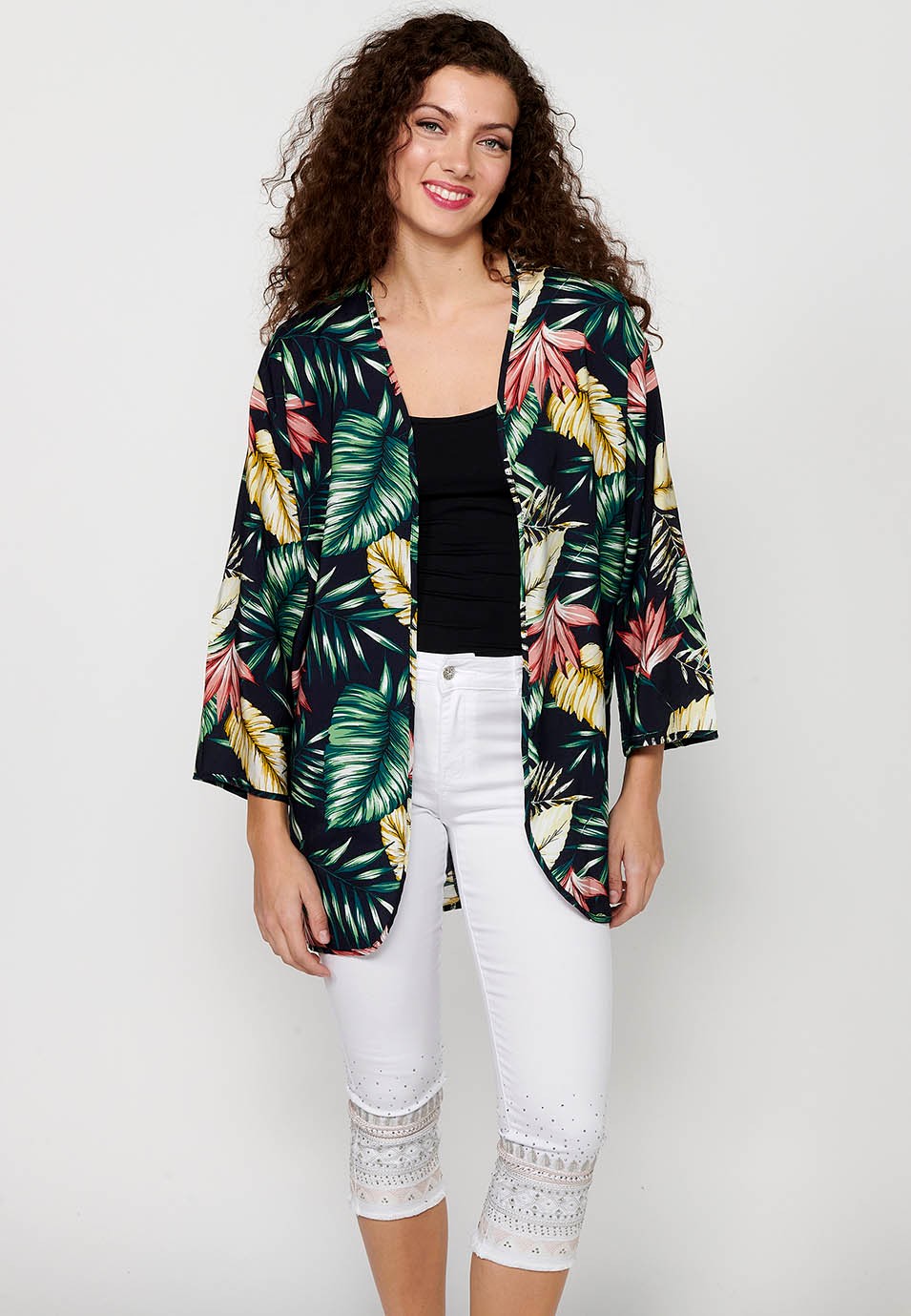 Blusa abierta fluida de manga larga con Estampado tropical de Color Multicolor para Mujer 5