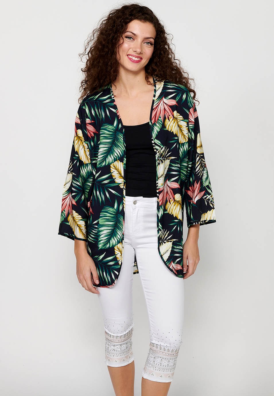 Multicolor Tropical Print Long Sleeve Flowy Open Blouse for Women 5