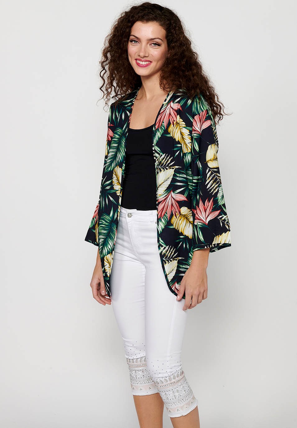 Multicolor Tropical Print Long Sleeve Flowy Open Blouse for Women 4