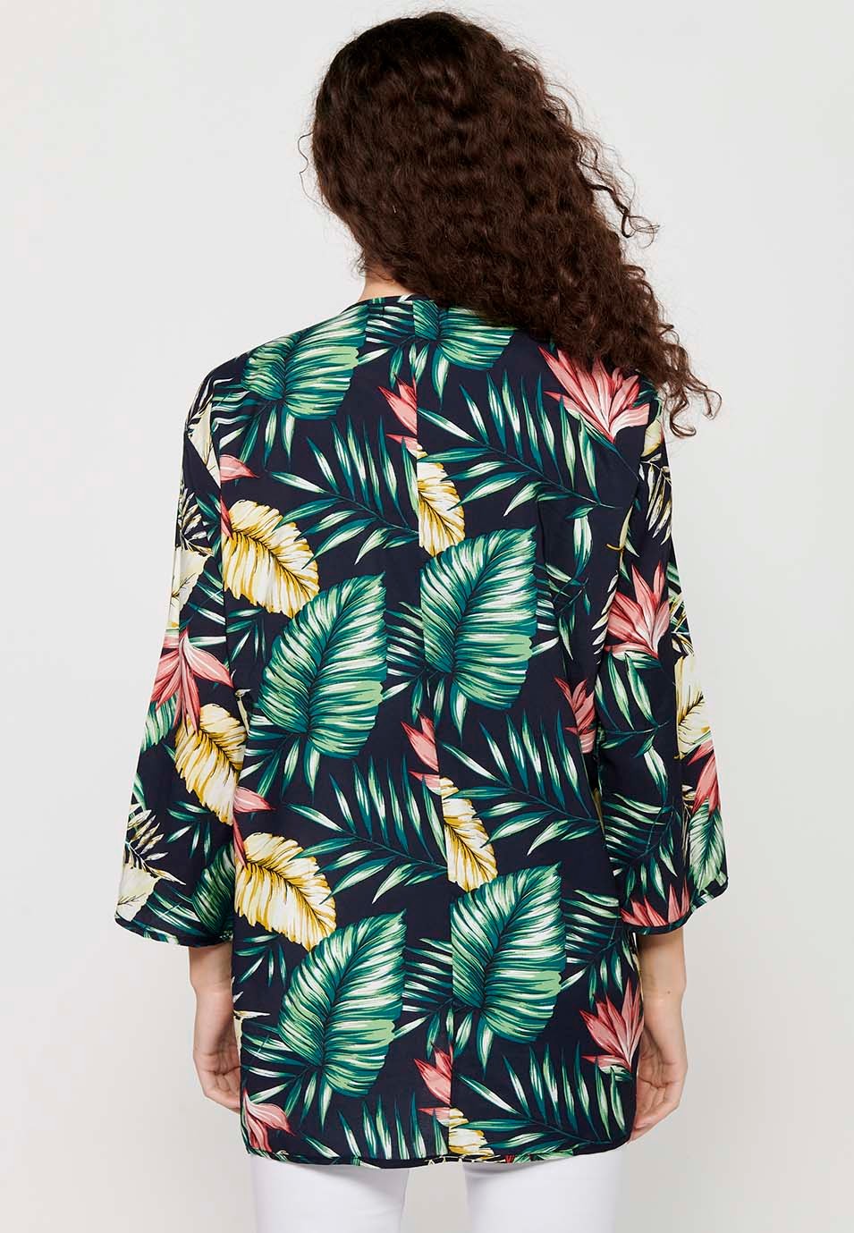 Multicolor Tropical Print Long Sleeve Flowy Open Blouse for Women 7