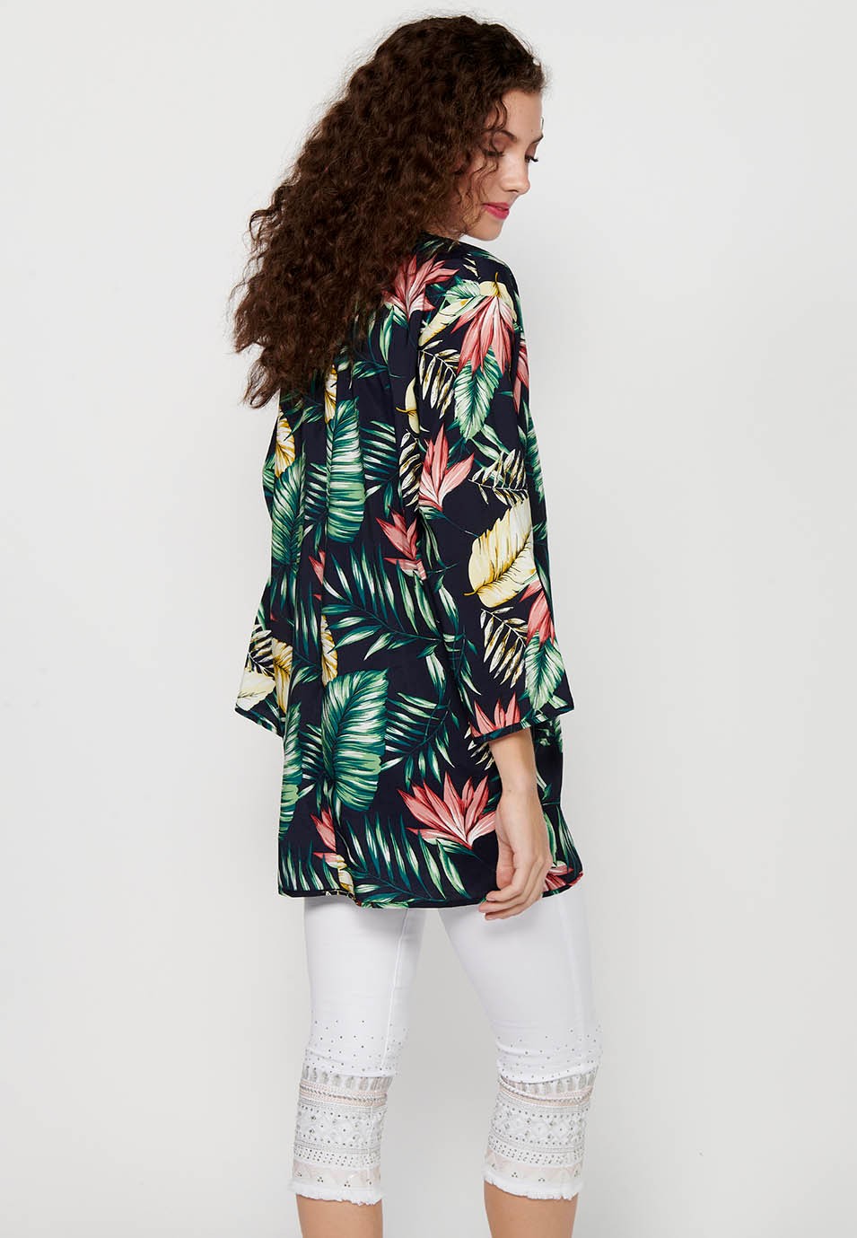 Multicolor Tropical Print Long Sleeve Flowy Open Blouse for Women 8