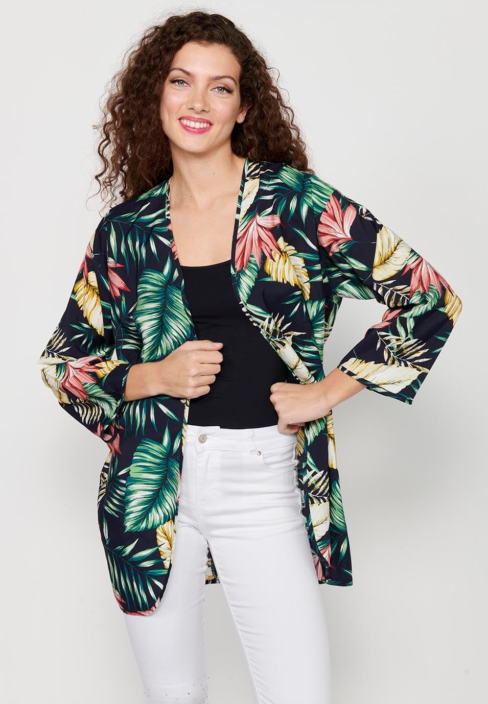 Blusa abierta fluida de manga larga con Estampado tropical de Color Multicolor para Mujer 6