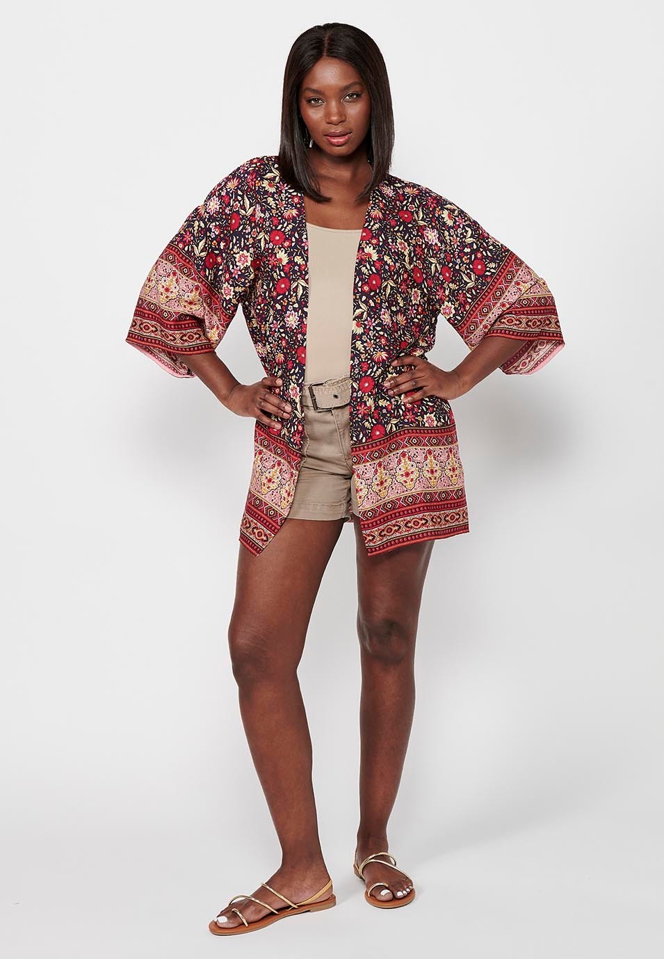 Blusa chaqueta abierta de manga ancha con Estampado floral de Color Multicolor para Mujer 3