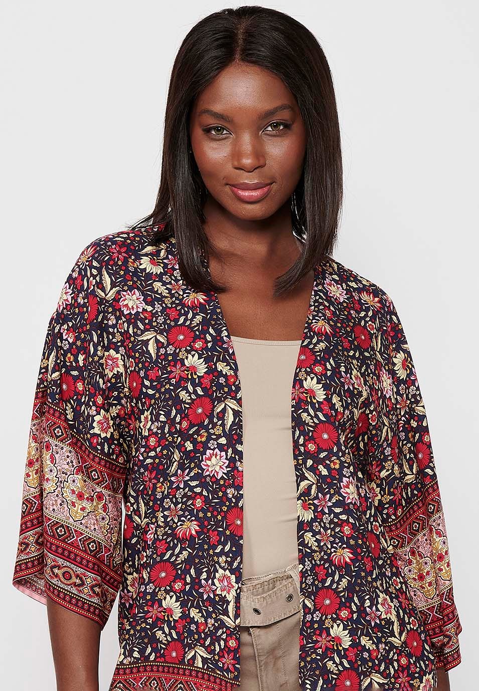 Damen-Bluse mit mehrfarbigem Blumendruck und weiten Ärmeln und offener Jacke 4