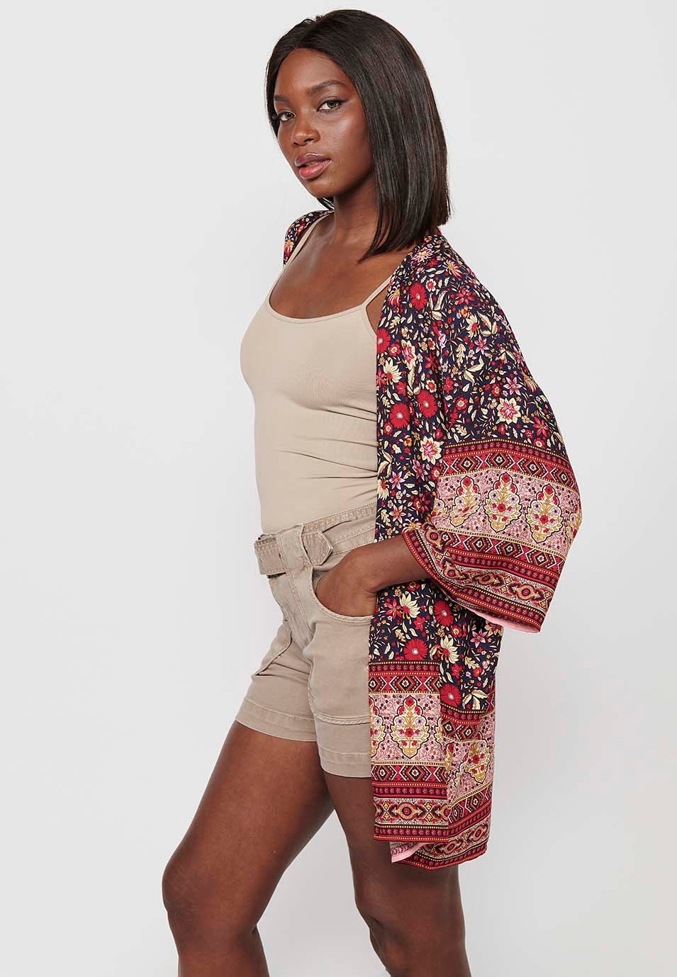 Damen-Bluse mit mehrfarbigem Blumendruck und weiten Ärmeln und offener Jacke 7