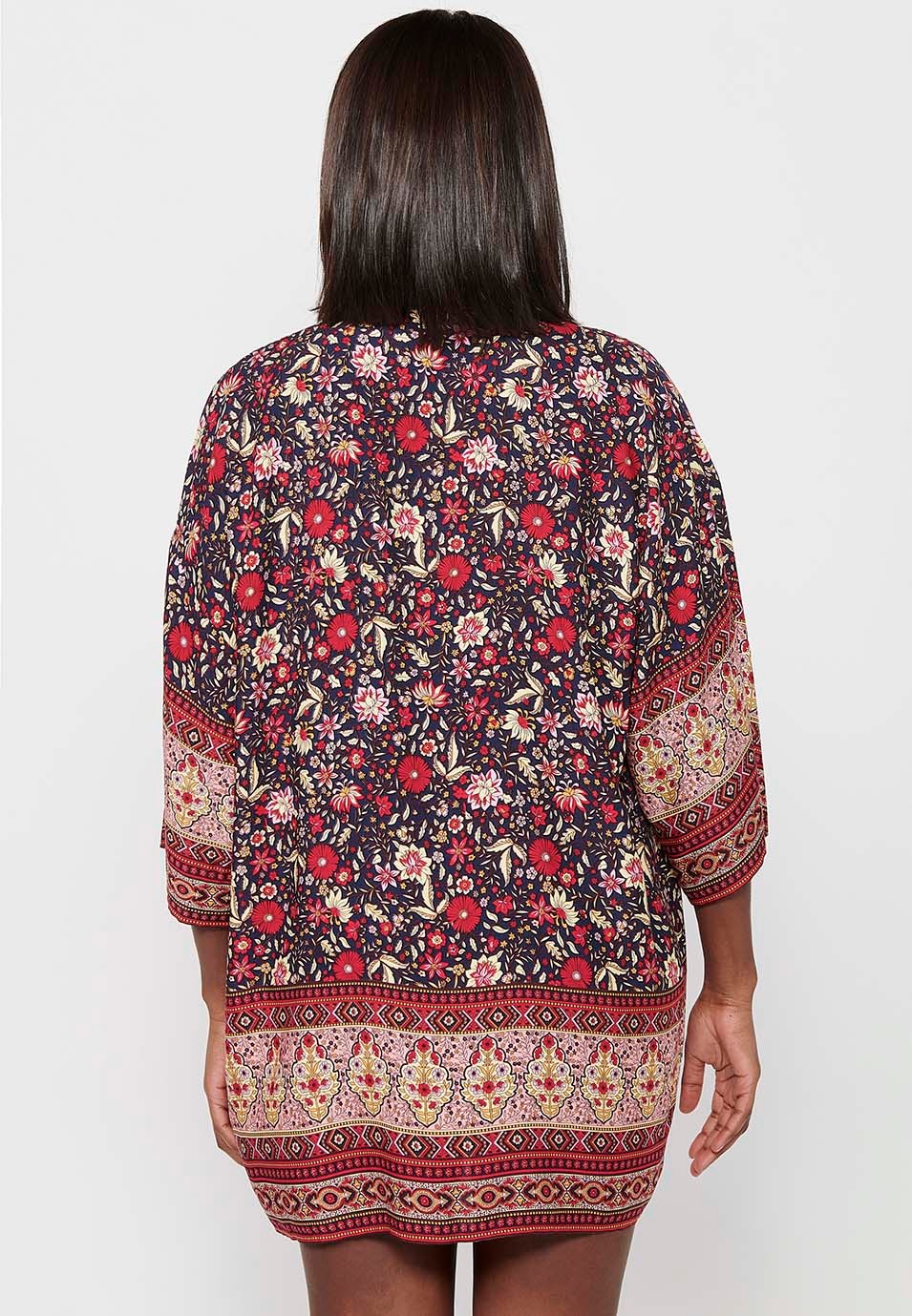 Damen-Bluse mit mehrfarbigem Blumendruck und weiten Ärmeln und offener Jacke 2