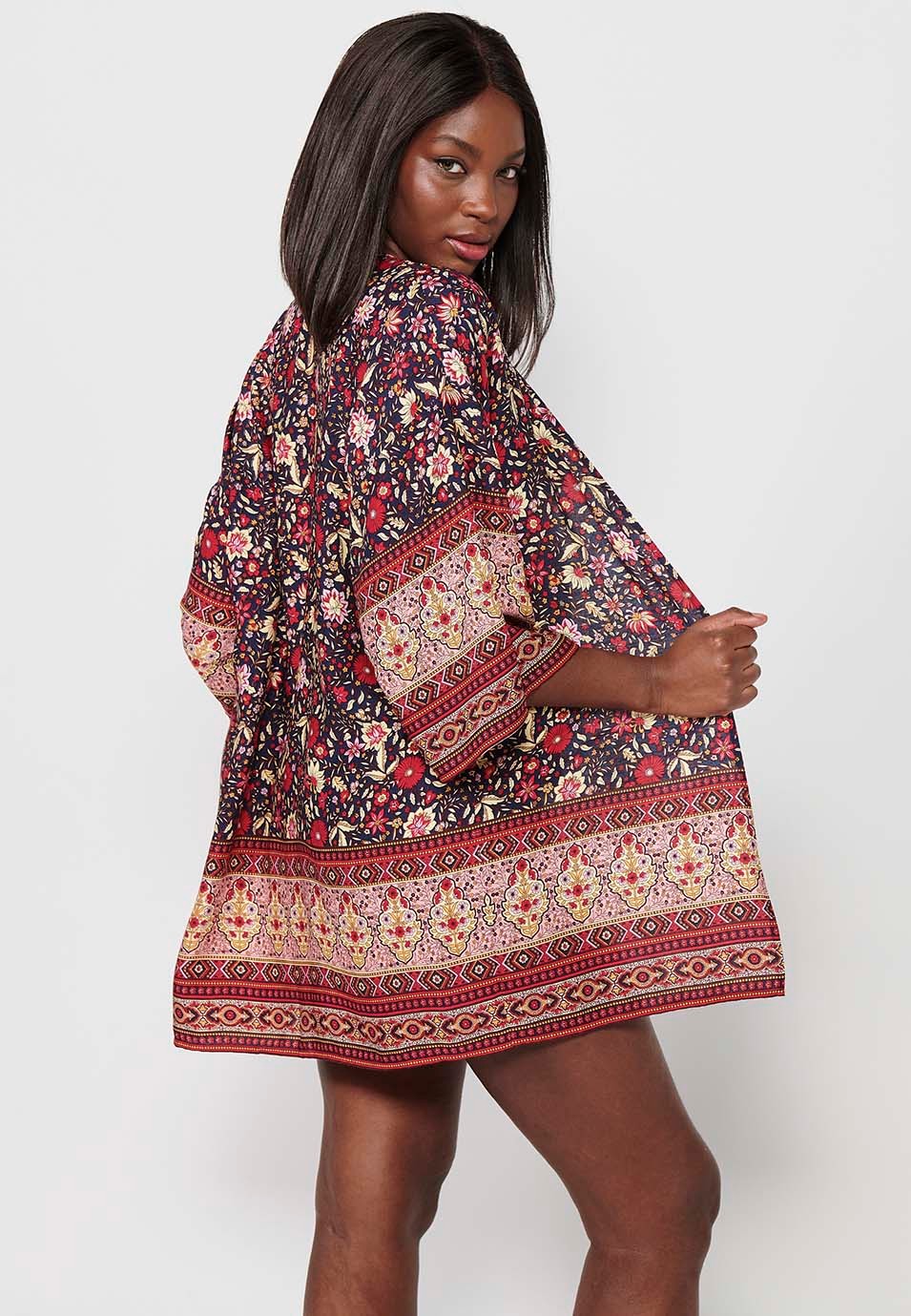 Women's Multicolor Floral Print Wide Sleeve Open Jacket Blouse 6