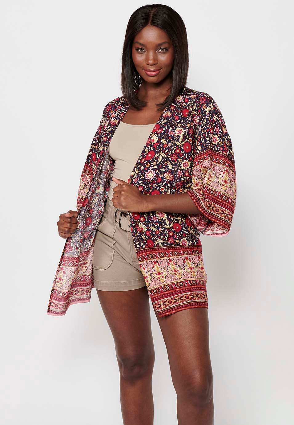 Women's Multicolor Floral Print Wide Sleeve Open Jacket Blouse 1