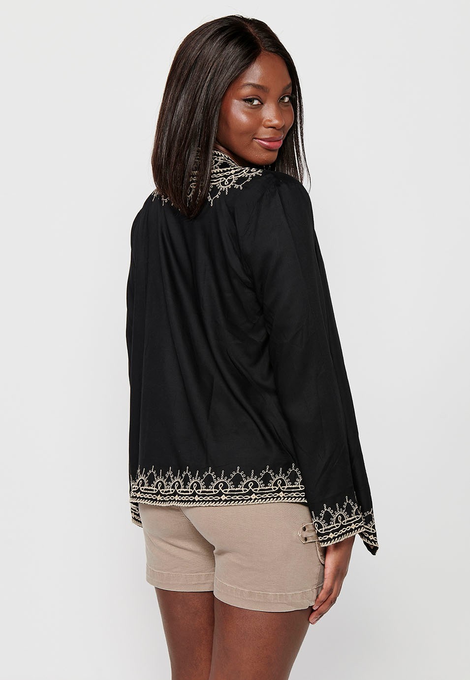 Open jacket with peak finishes and floral embroidered details in Black for Women 9
