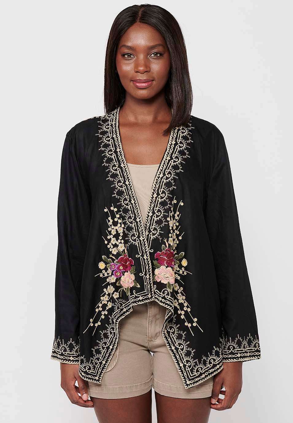 Offene Jacke mit Schirmabschlüssen und floralen Stickdetails in Schwarz für Damen