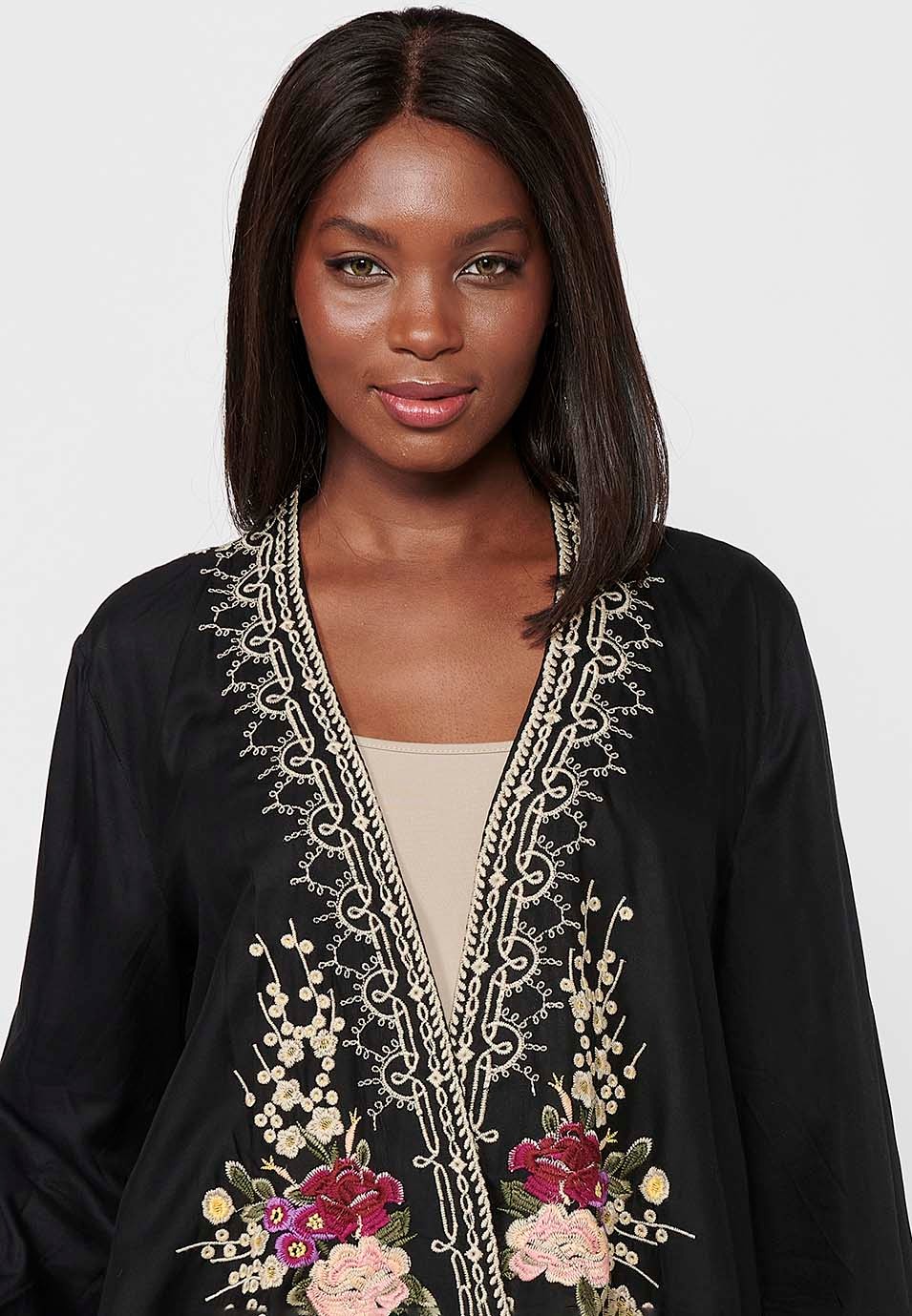 Open jacket with peak finishes and floral embroidered details in Black for Women 2