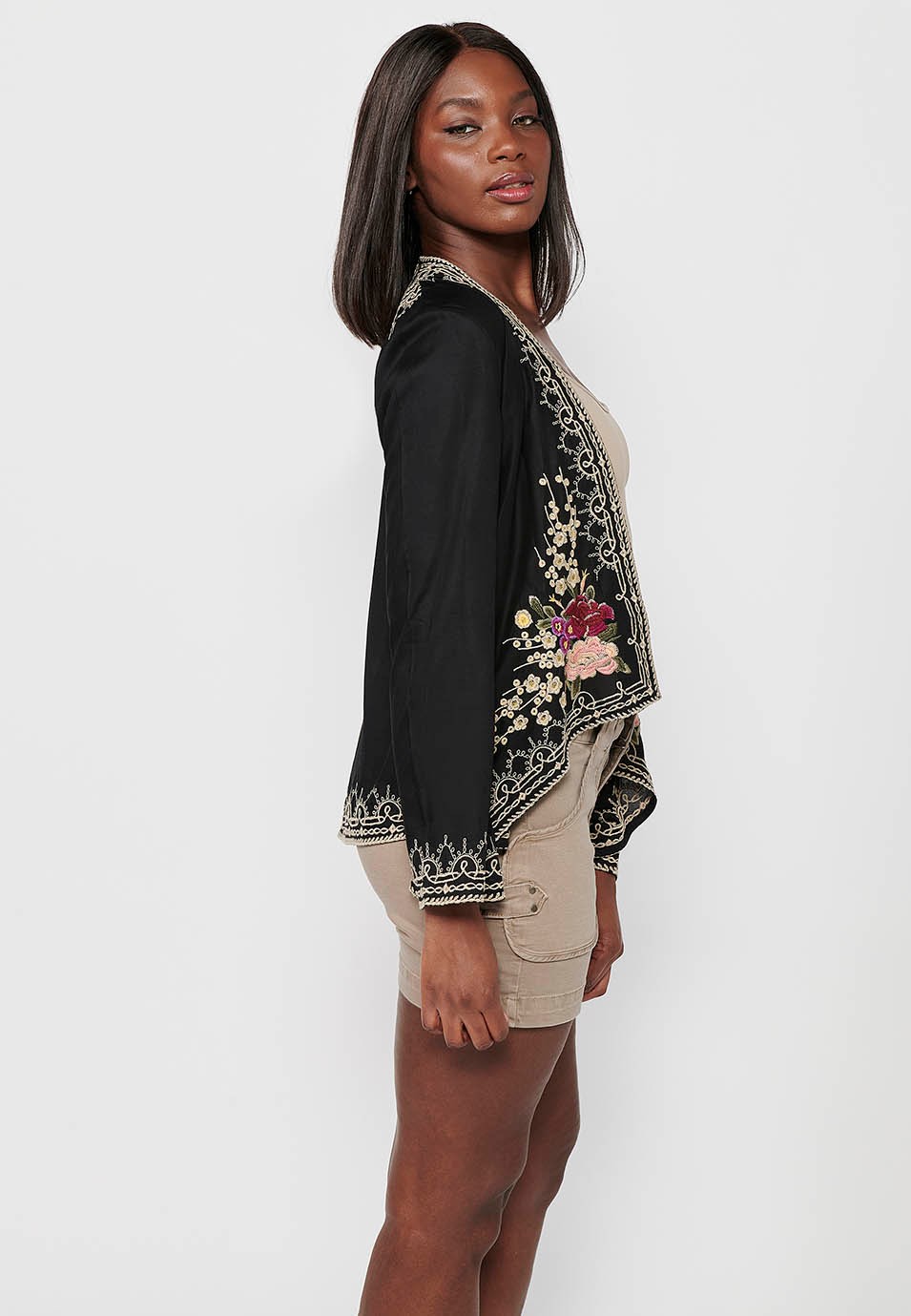 Open jacket with peak finishes and floral embroidered details in Black for Women 7