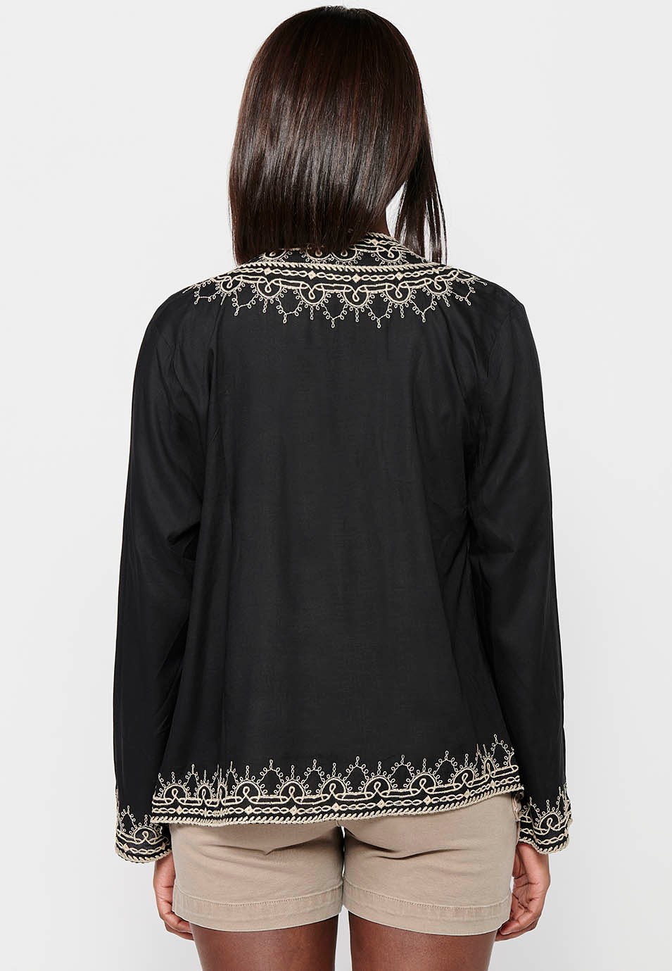 Open jacket with peak finishes and floral embroidered details in Black for Women 8