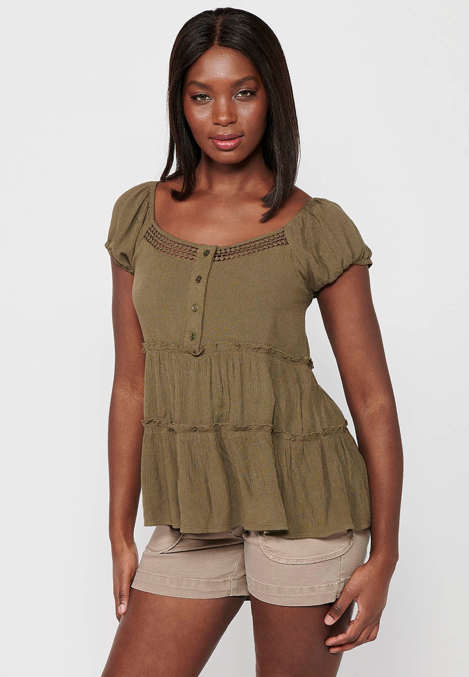 Short Sleeve Blouse with Rubberized Boat Neckline and Khaki Front Button Detail for Women