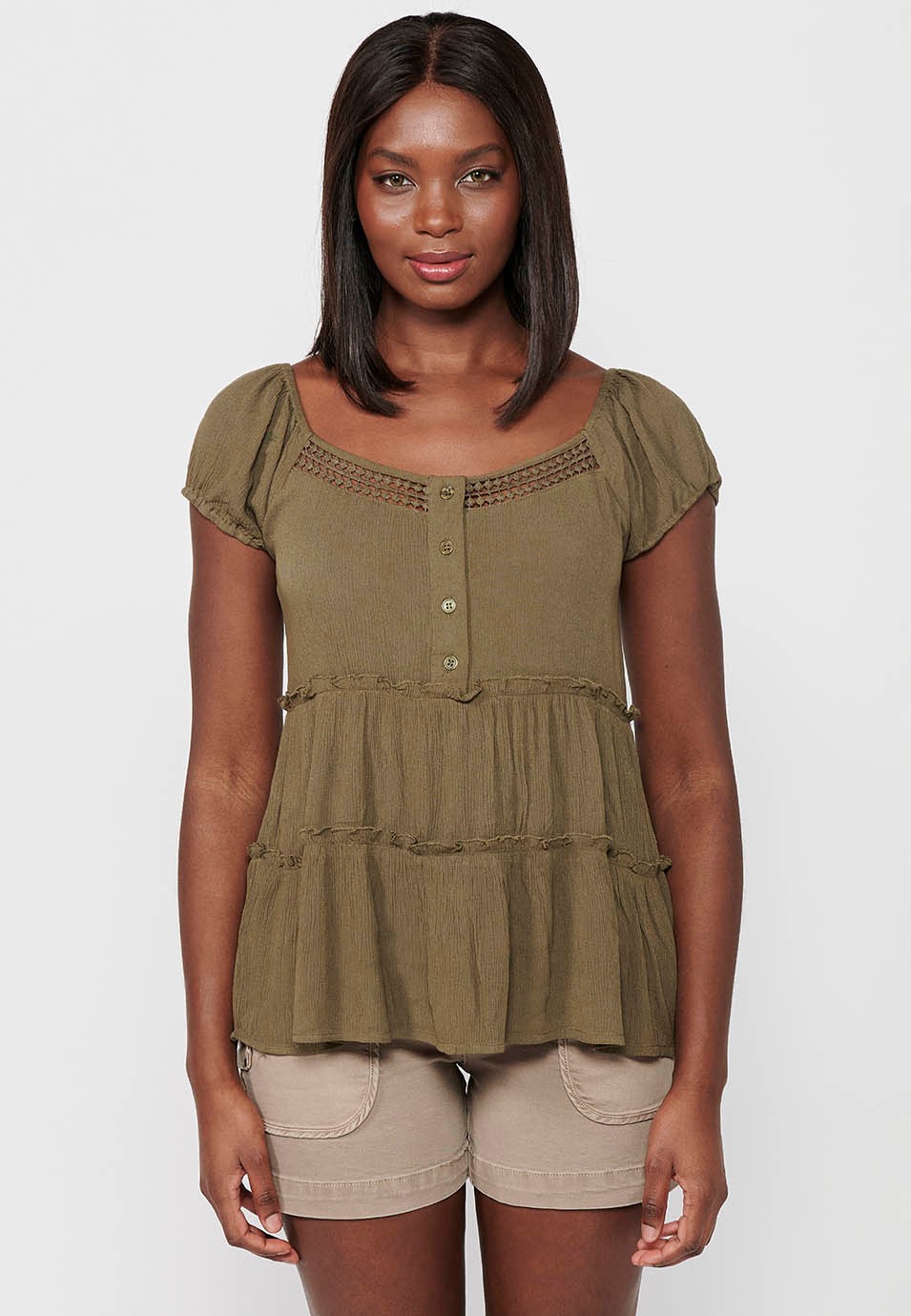 Short Sleeve Blouse with Rubberized Boat Neckline and Khaki Front Button Detail for Women 2
