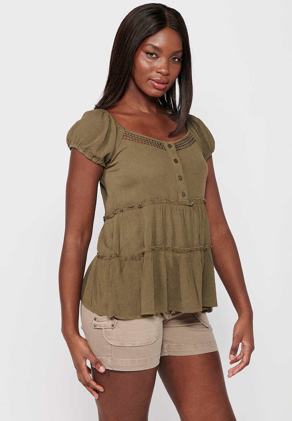 Short Sleeve Blouse with Rubberized Boat Neckline and Khaki Front Button Detail for Women 4