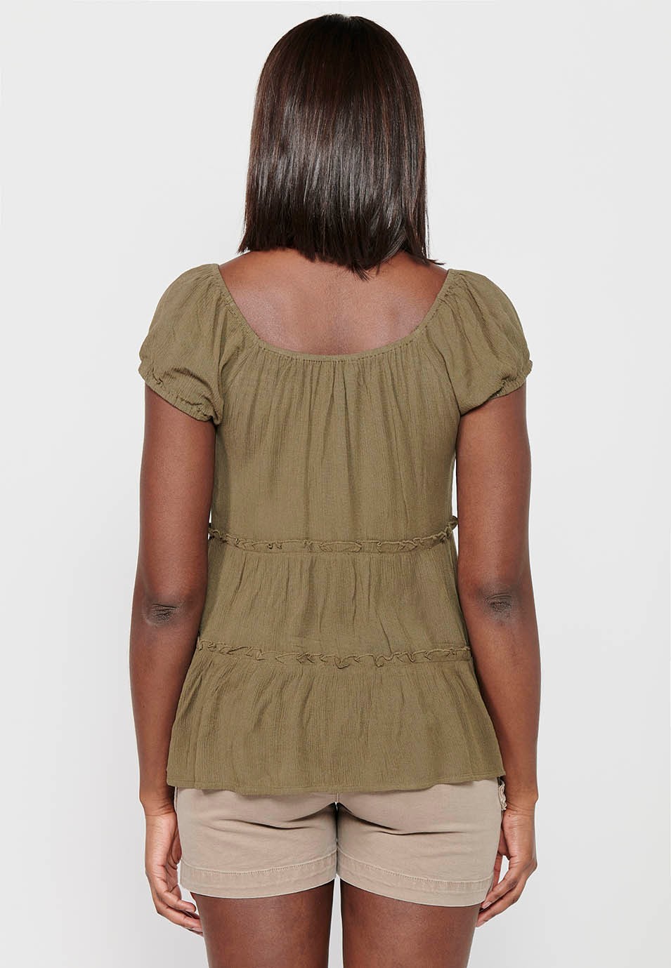 Short Sleeve Blouse with Rubberized Boat Neckline and Khaki Front Button Detail for Women 5