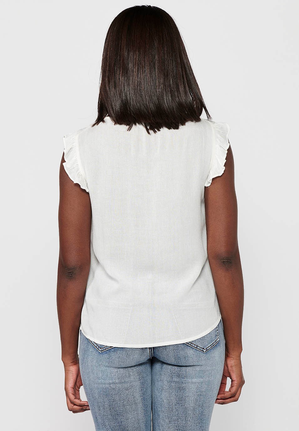 Blusa sin mangas con Mini volante en los hombros y en la parte delantera bordado floral de Color Blanco para Mujer 7