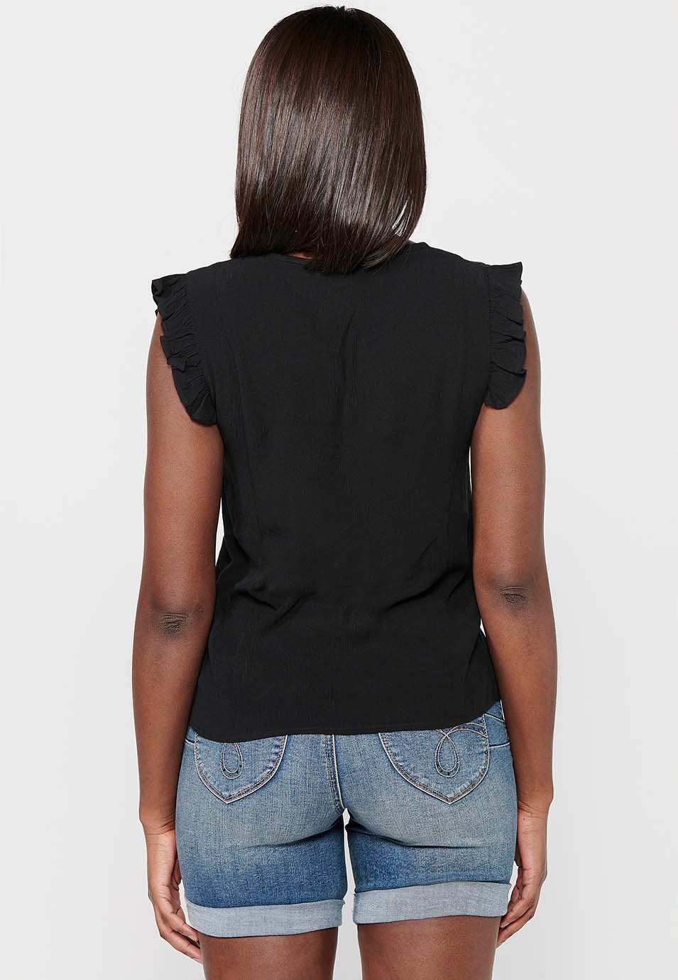 Blusa sin mangas con Mini volante en los hombros y en la parte delantera bordado floral de Color Negro para Mujer 3