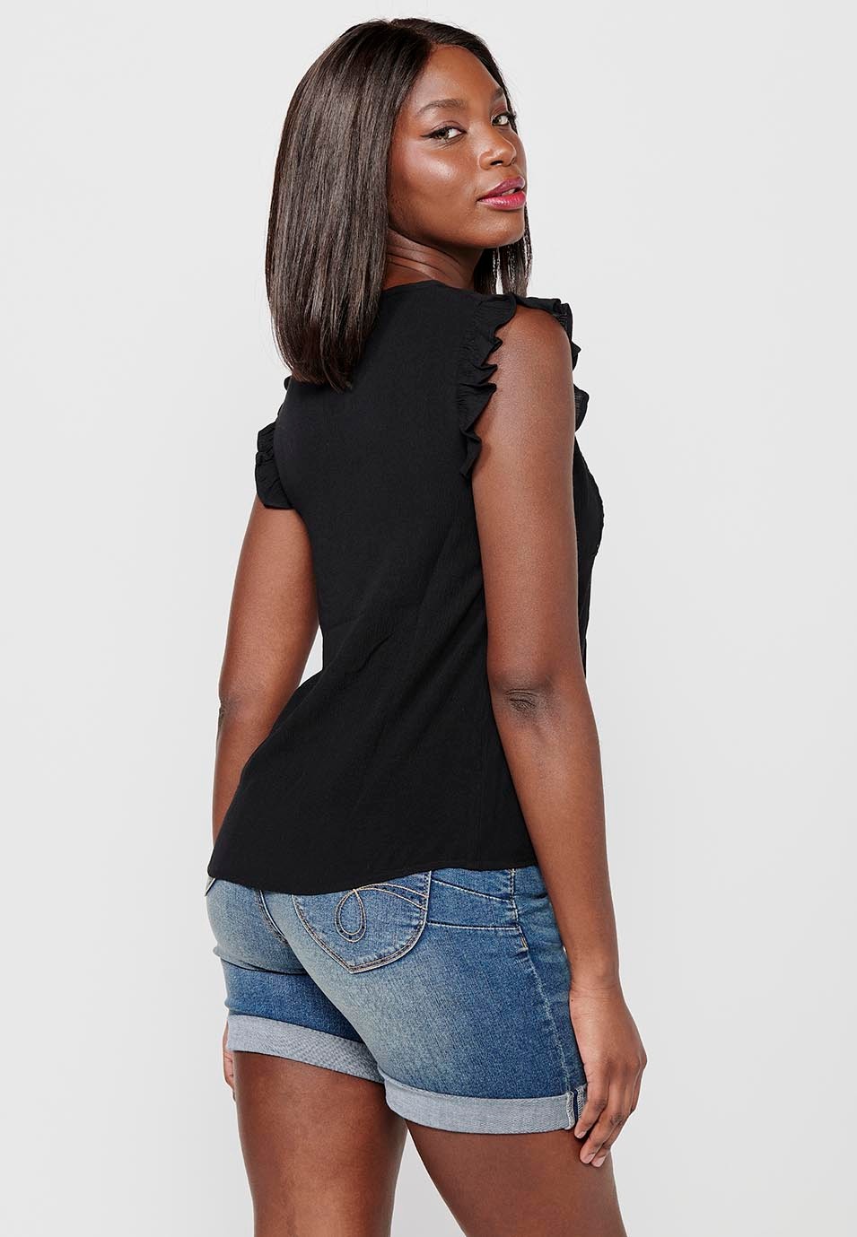 Blusa sin mangas con Mini volante en los hombros y en la parte delantera bordado floral de Color Negro para Mujer 1