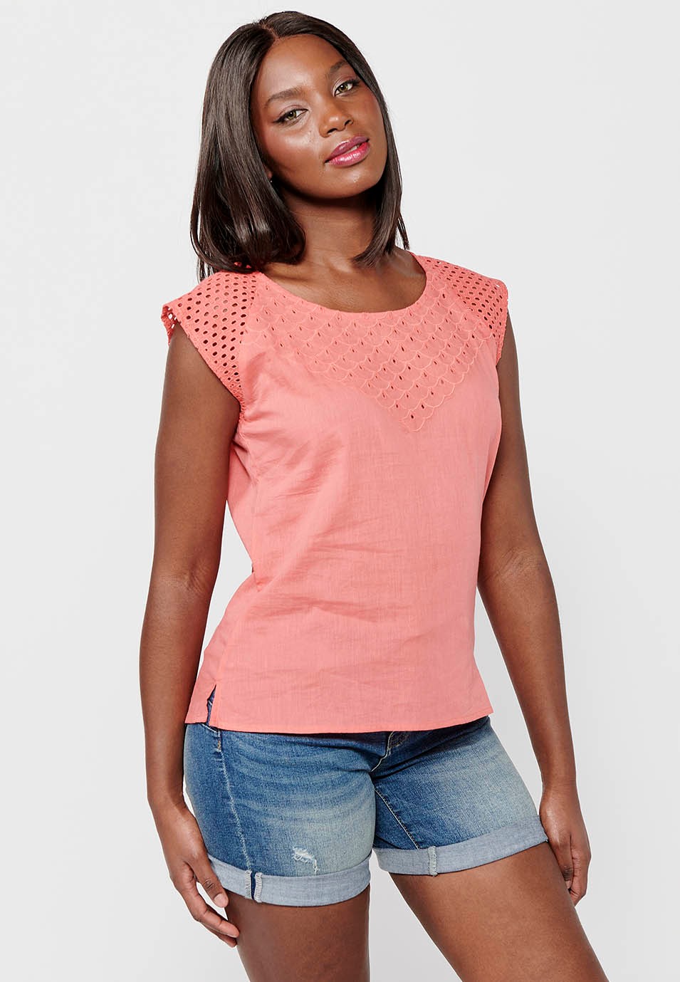 Sleeveless Cotton Blouse with Embroidered Fabric Detail and Coral Color Round Neck for Women