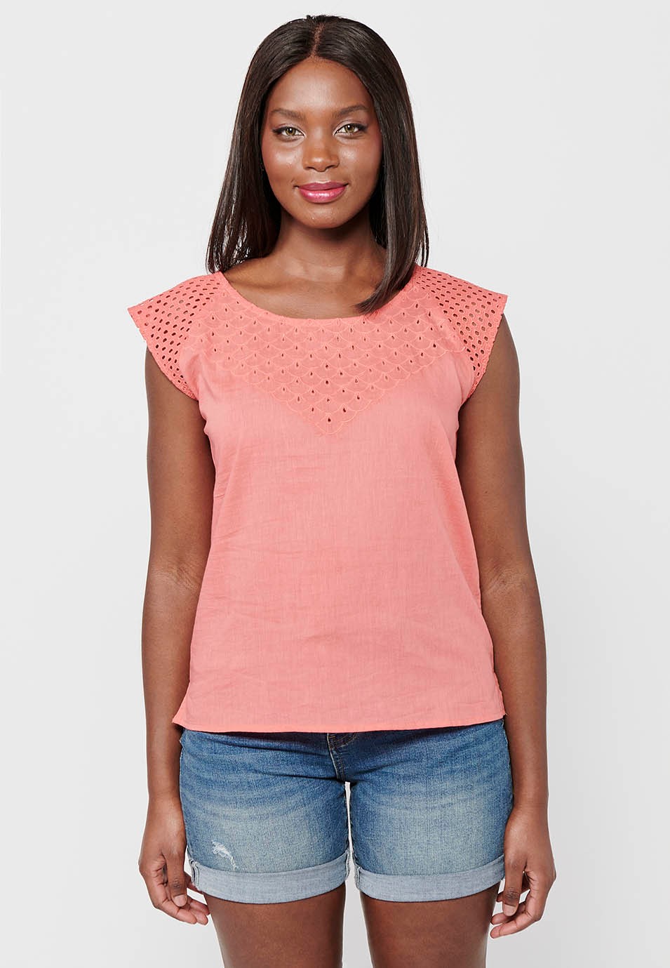 Sleeveless Cotton Blouse with Embroidered Fabric Detail and Coral Color Round Neck for Women 2