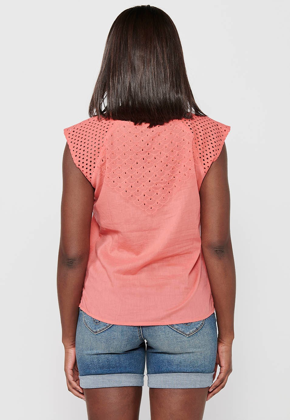 Sleeveless Cotton Blouse with Embroidered Fabric Detail and Coral Color Round Neck for Women 5