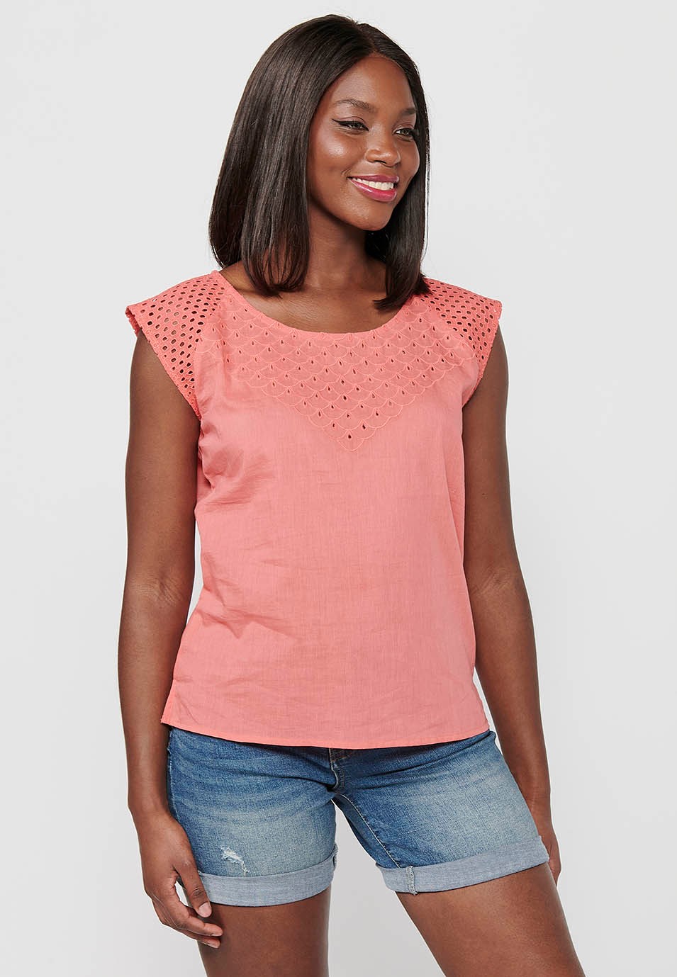 Sleeveless Cotton Blouse with Embroidered Fabric Detail and Coral Color Round Neck for Women 3