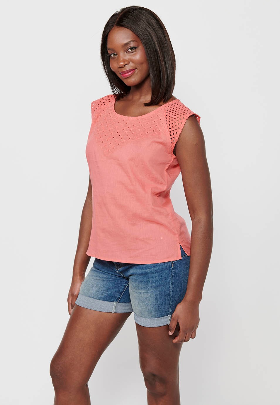 Sleeveless Cotton Blouse with Embroidered Fabric Detail and Coral Color Round Neck for Women 6