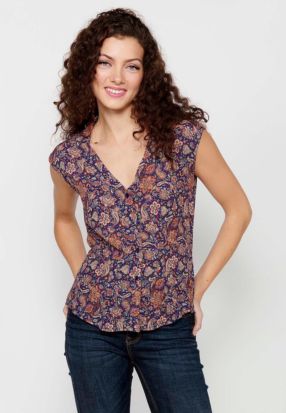Sleeveless Blouse with Shirt Style and Button Front Closure and Multicolor Floral Print for Women