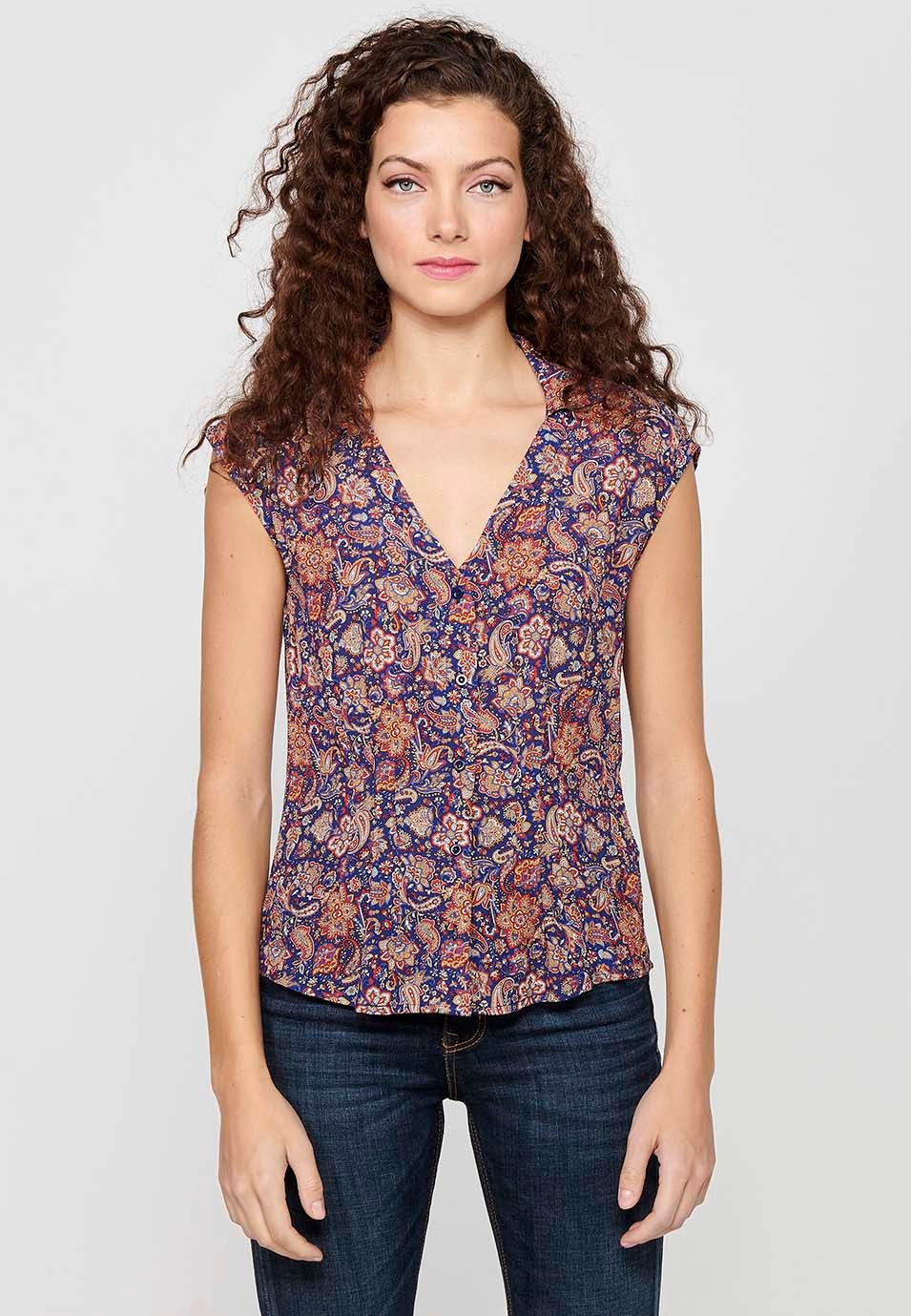 Ärmellose Bluse im Hemdstil mit Knopfverschluss vorne und mehrfarbigem Blumendruck für Damen 4