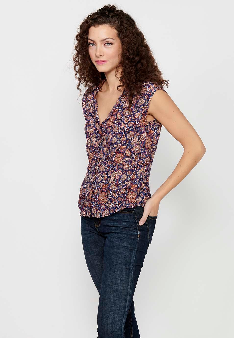 Ärmellose Bluse im Hemdstil mit Knopfverschluss vorne und mehrfarbigem Blumendruck für Damen 5