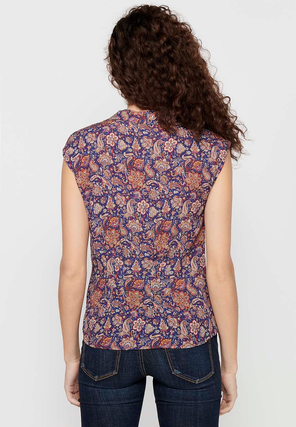 Sleeveless Blouse with Shirt Style and Button Front Closure and Multicolor Floral Print for Women 8