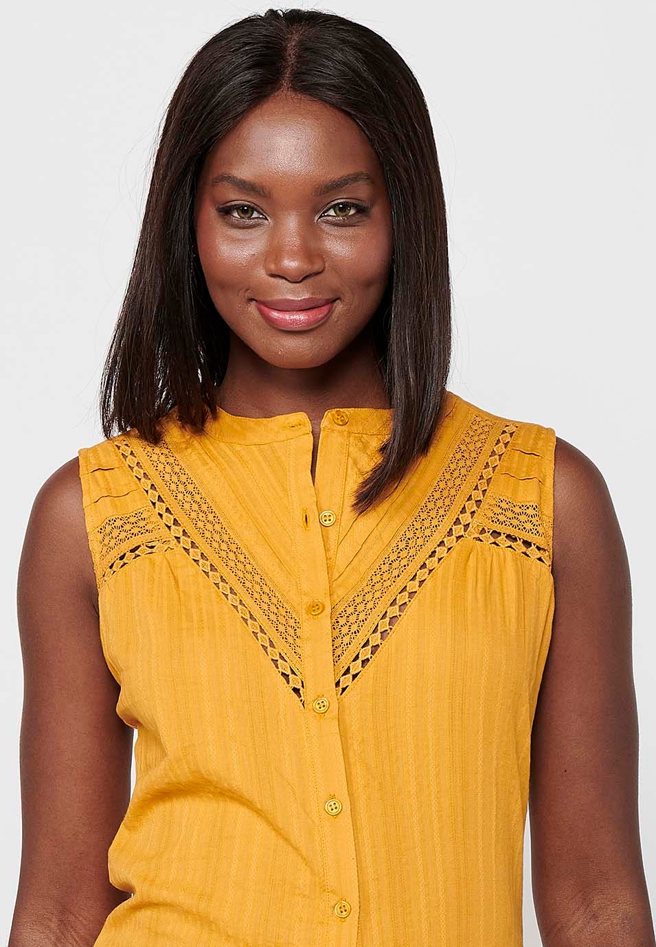 Sleeveless Cotton Blouse with Round Neck and Front Closure with Buttons and Embroidered Details in Mustard Color for Women 2