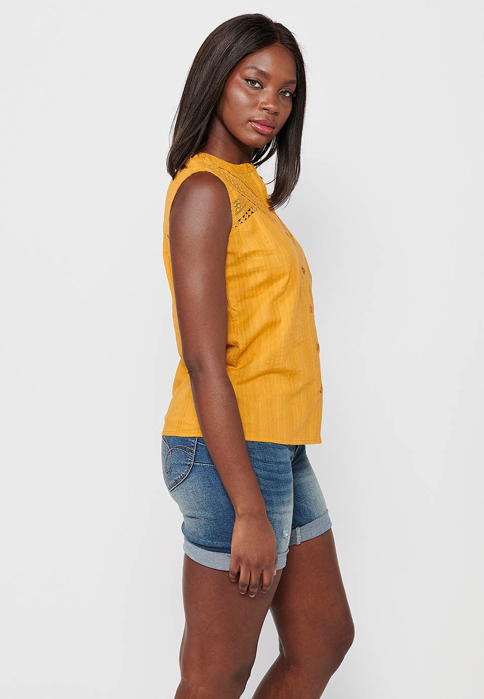Sleeveless Cotton Blouse with Round Neck and Front Closure with Buttons and Embroidered Details in Mustard Color for Women 8