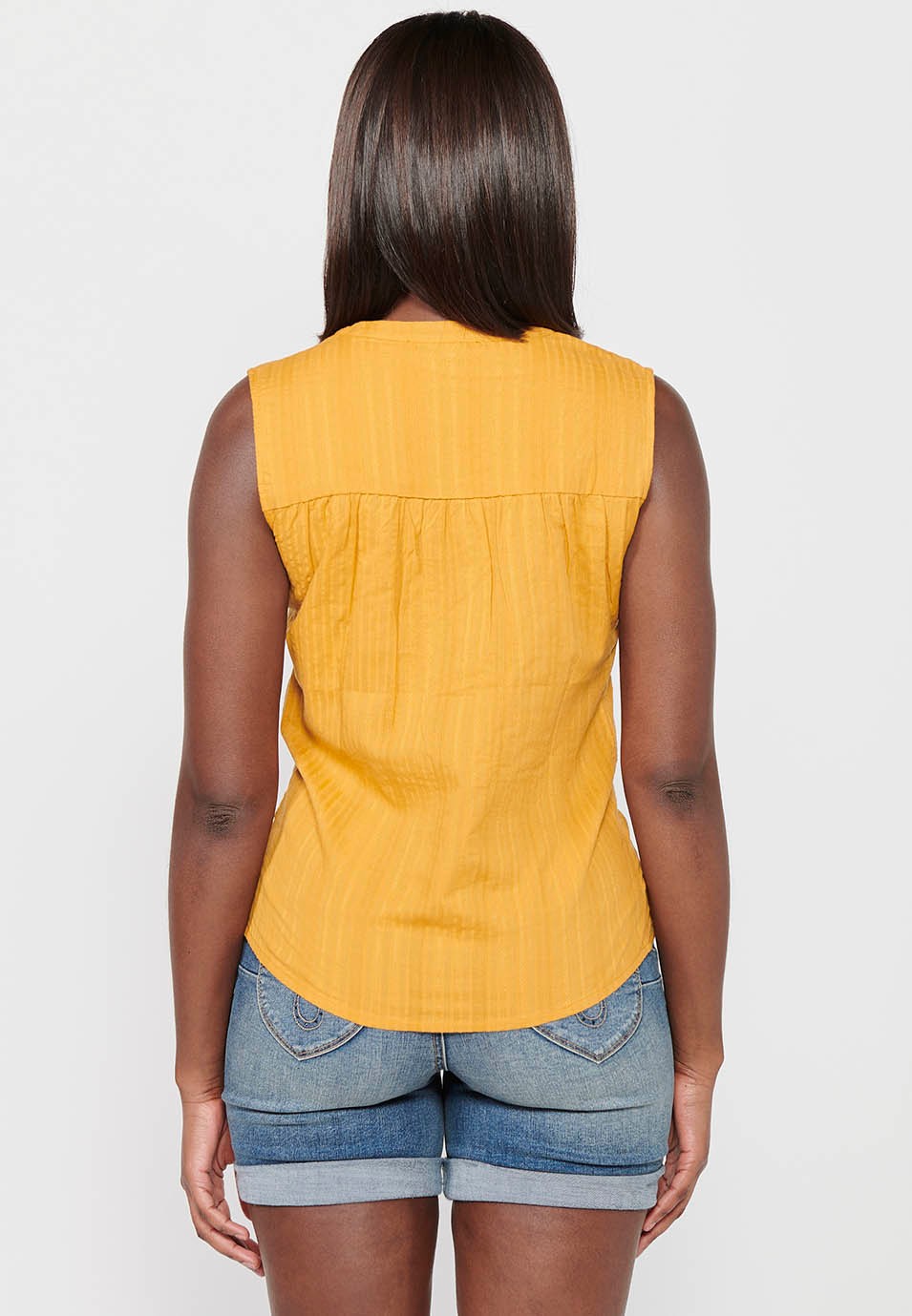 Sleeveless Cotton Blouse with Round Neck and Front Closure with Buttons and Embroidered Details in Mustard Color for Women 7