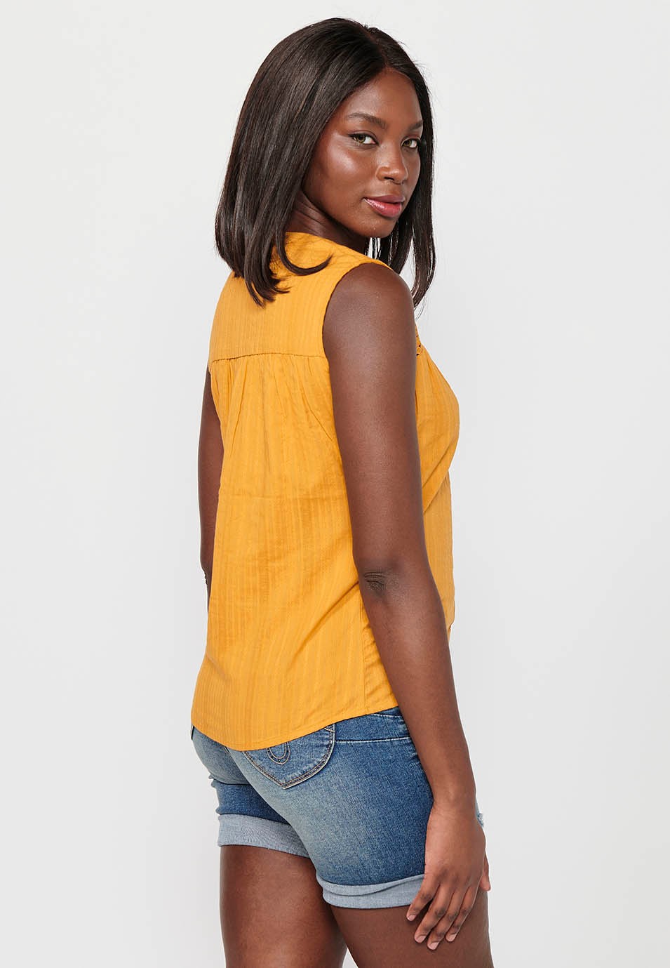 Sleeveless Cotton Blouse with Round Neck and Front Closure with Buttons and Embroidered Details in Mustard Color for Women 6
