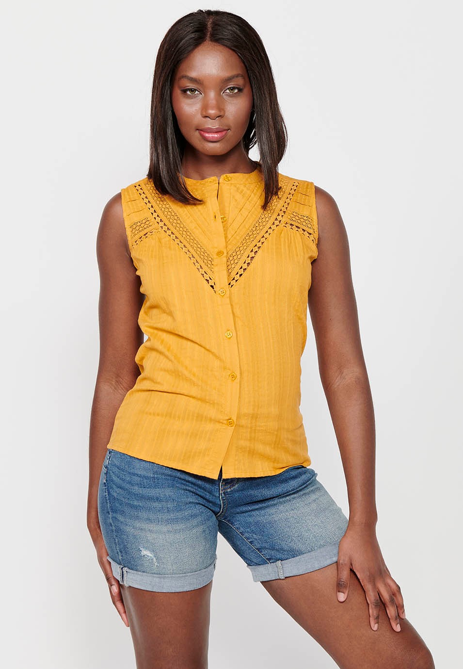 Sleeveless Cotton Blouse with Round Neck and Front Closure with Buttons and Embroidered Details in Mustard Color for Women 5