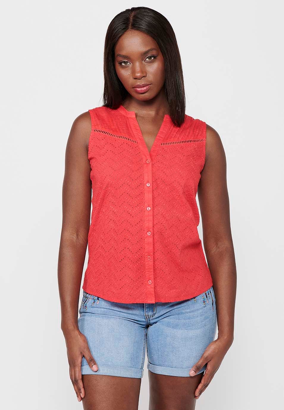 Blusa sin mangas con Cuello camisero y Blonda floral de Color Coral para Mujer