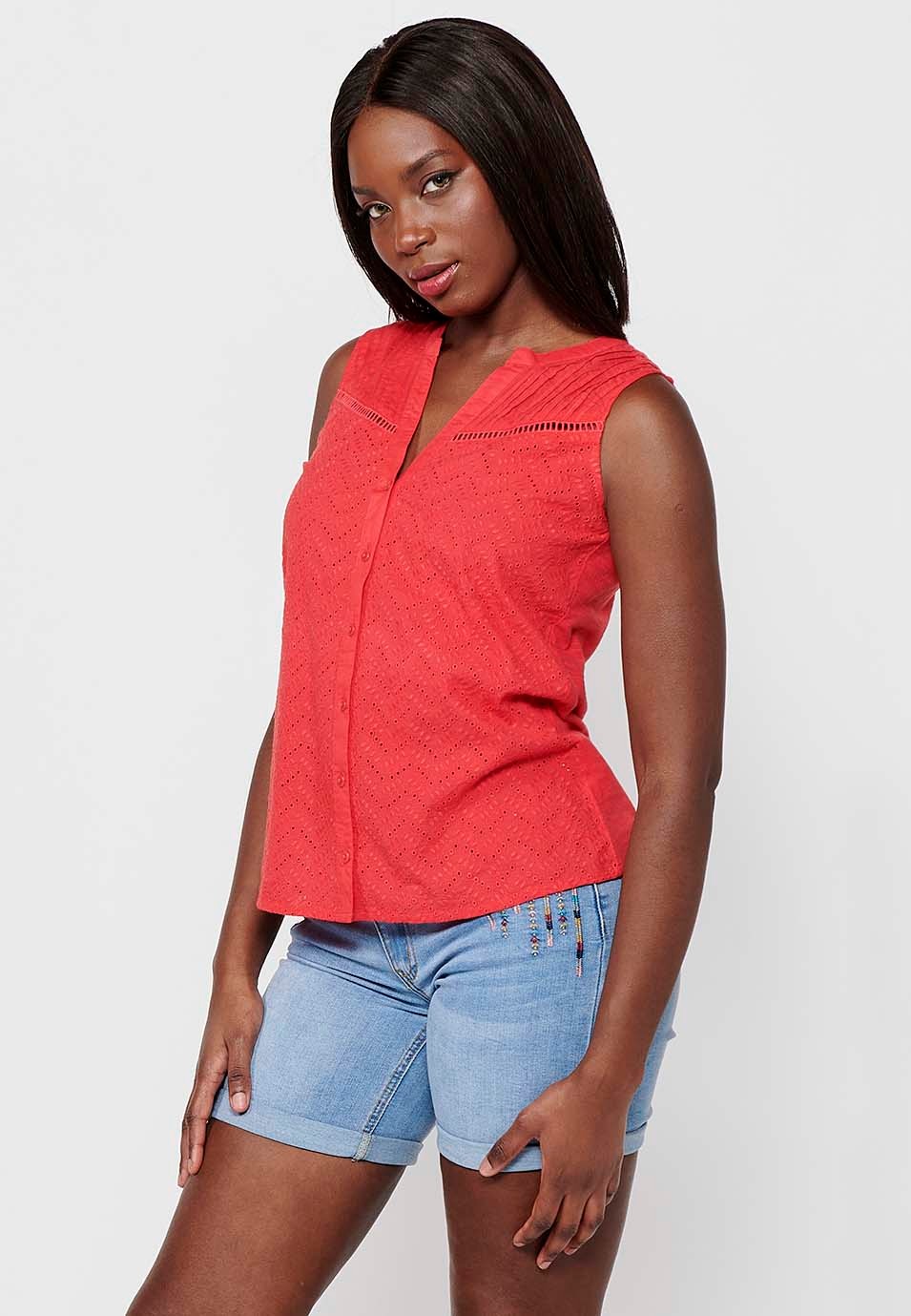 Sleeveless Blouse with Shirt Collar and Coral Floral Blouse for Women 4