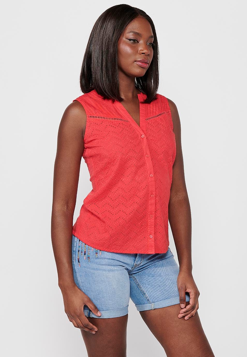 Sleeveless Blouse with Shirt Collar and Coral Floral Blouse for Women 1