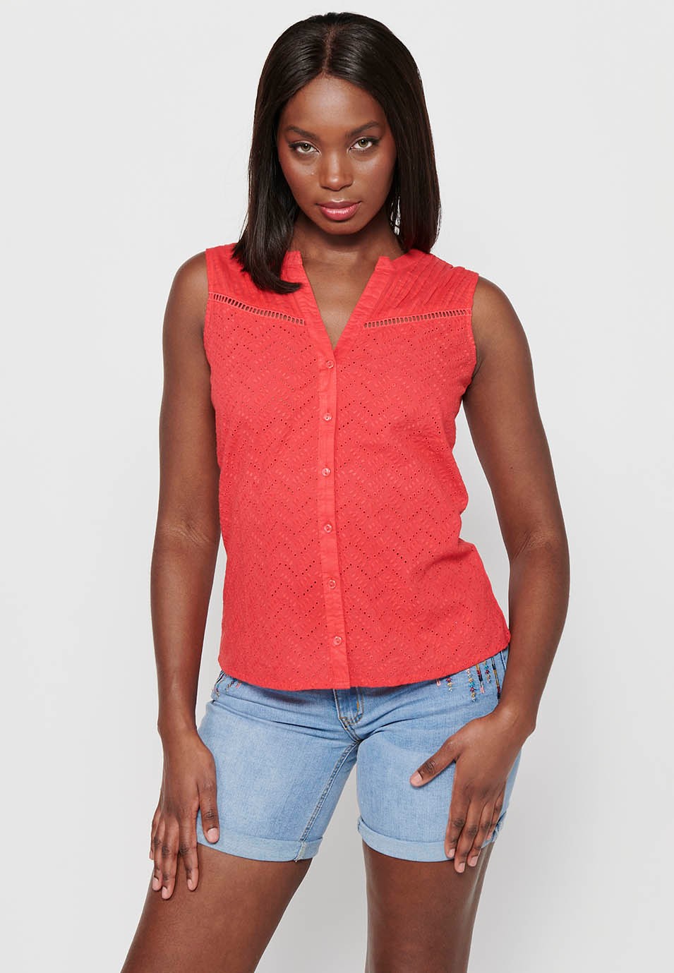 Sleeveless Blouse with Shirt Collar and Coral Floral Blouse for Women 8