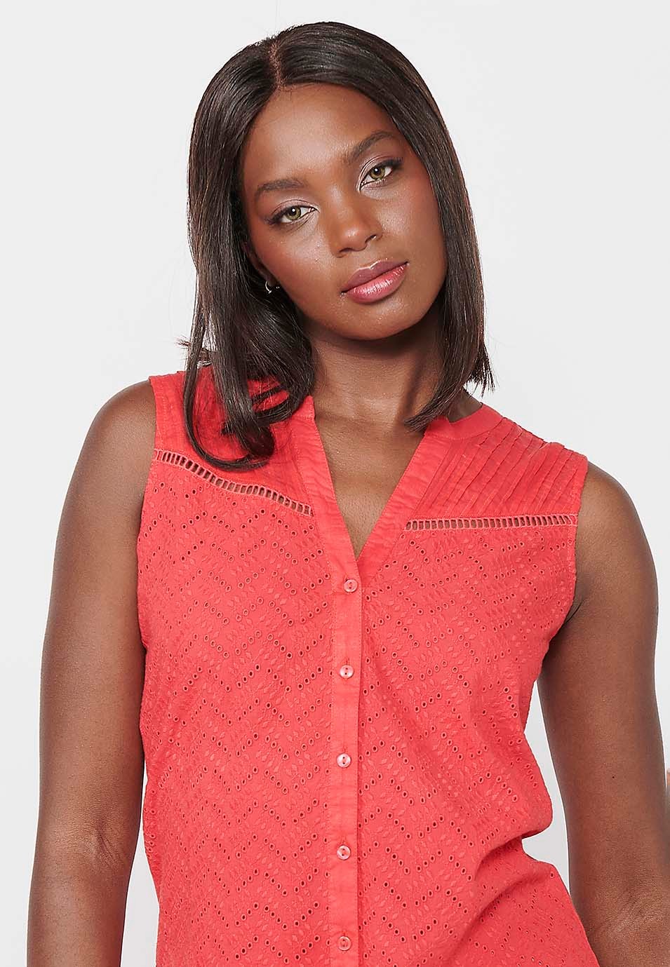 Sleeveless Blouse with Shirt Collar and Coral Floral Blouse for Women 5