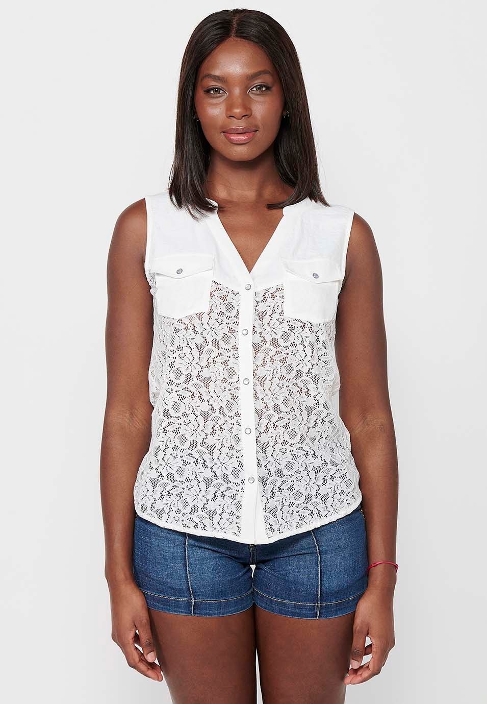 Blusa sin mangas, cuello camisero y botones delanteros, color blanco para mujer