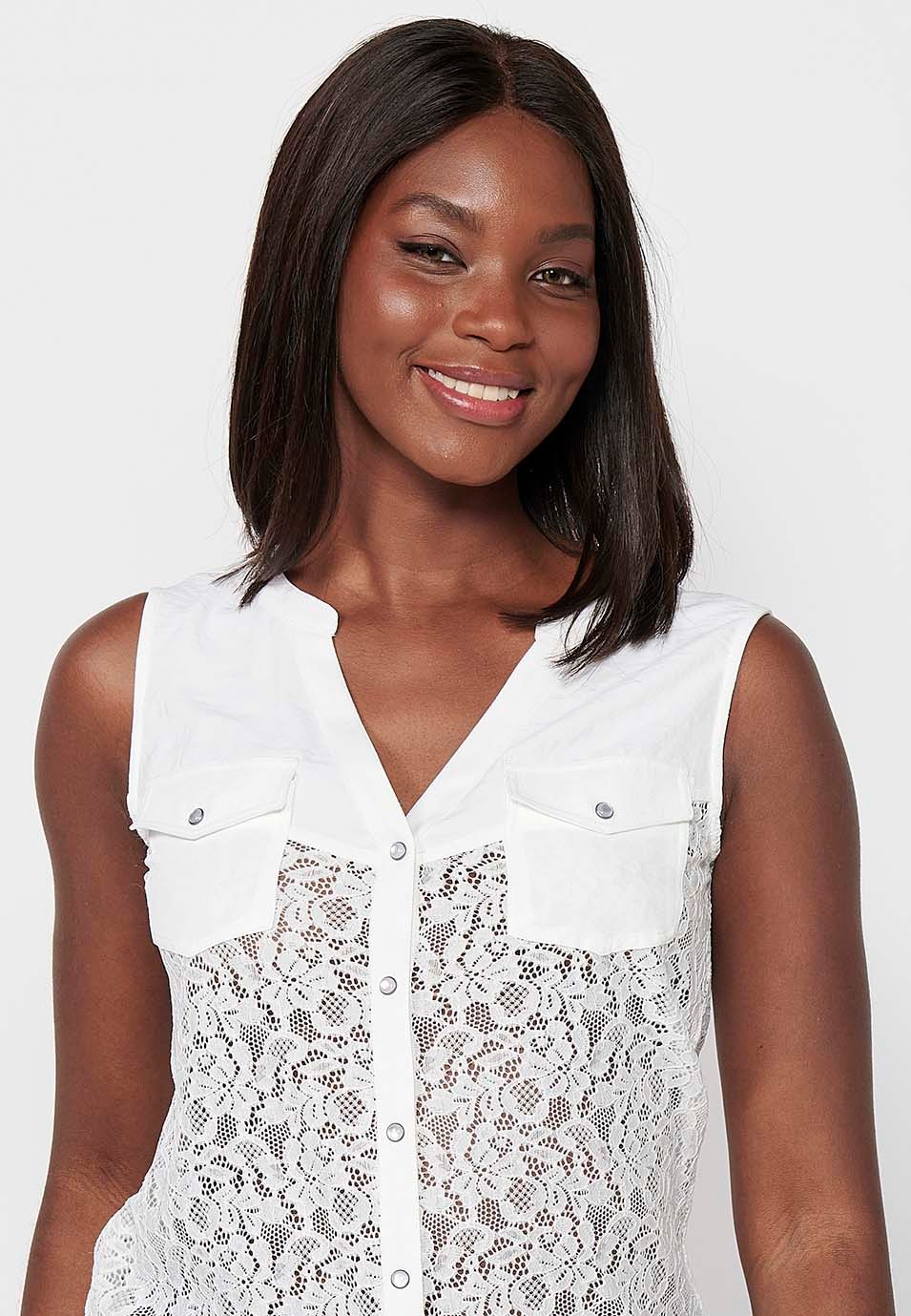 Sleeveless blouse, shirt collar and front buttons, white color for women