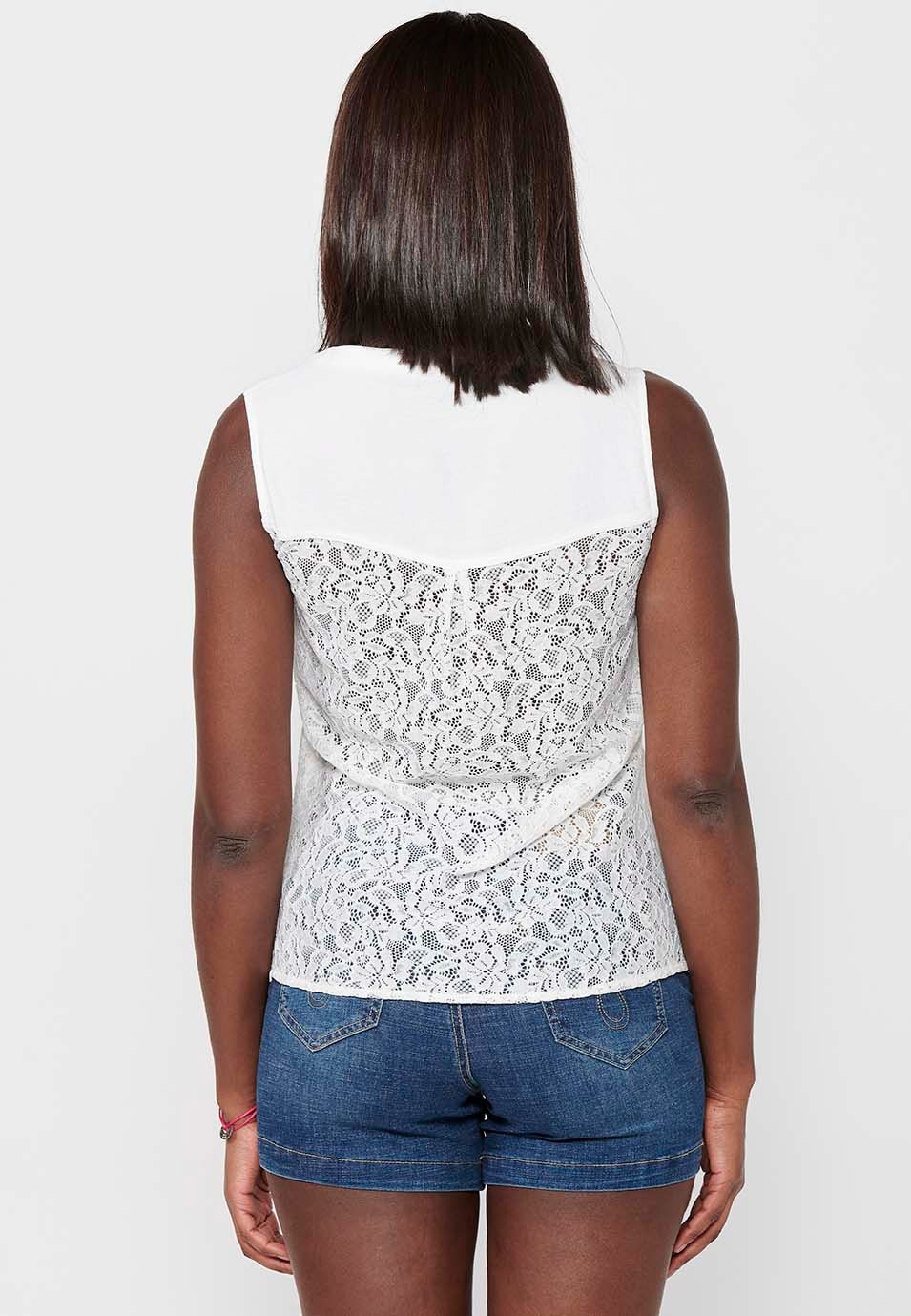 Blusa sin mangas, cuello camisero y botones delanteros, color blanco para mujer