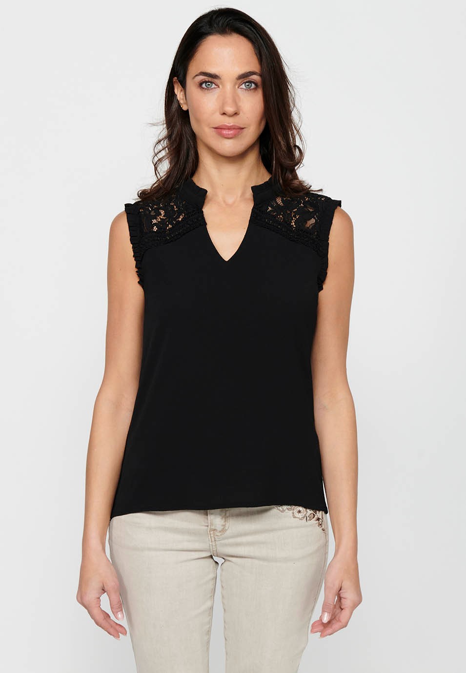 Camiseta fluida sin mangas con Cuello redondo de Color Negro para Mujer 1